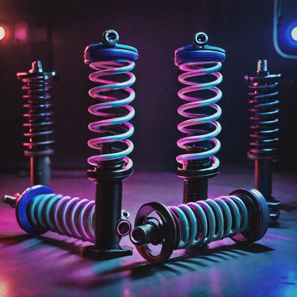 Coilover suspension units arranged under colorful lighting in a dark room.